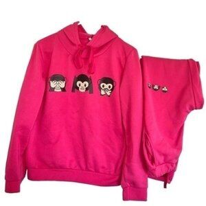 Pink Hoodie & Sweatpants Set Girls XL See-No-Evil Monkey Prints Comfortable Loun